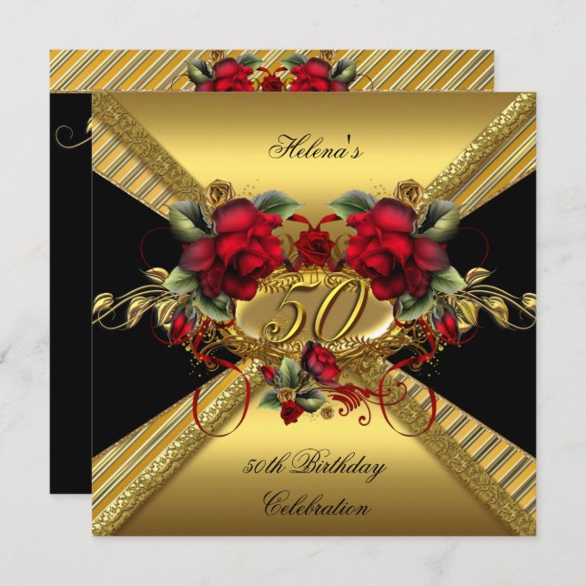 Elegant 50th Birthday Party Red Roses Gold Black Invitation (Front/Back)