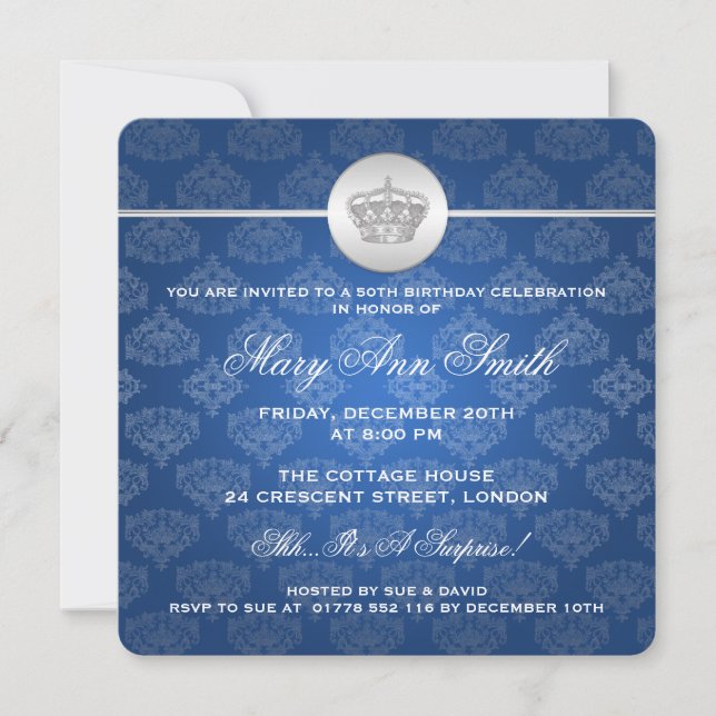 Elegant 50th Birthday Party Royal Crown Blue Invitation (Front)