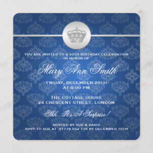 Elegant 50th Birthday Party Royal Crown Blue Invitation