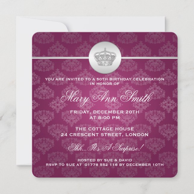 Elegant 50th Birthday Party Royal Crown Pink Invitation (Front)