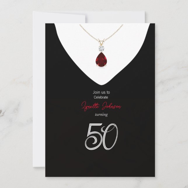 Elegant 50th Birthday Party Ruby Red Necklace  Invitation (Front)