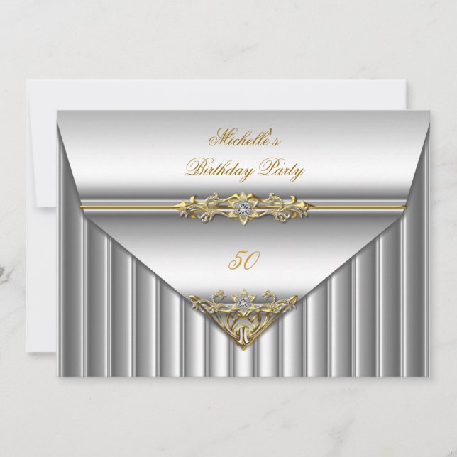 Elegant 50th Birthday Party Silver Gold Diamond 3 Invitation (Front)