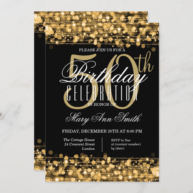 Elegant 50th Birthday Party Sparkles Gold & Black Invitation (Front/Back)