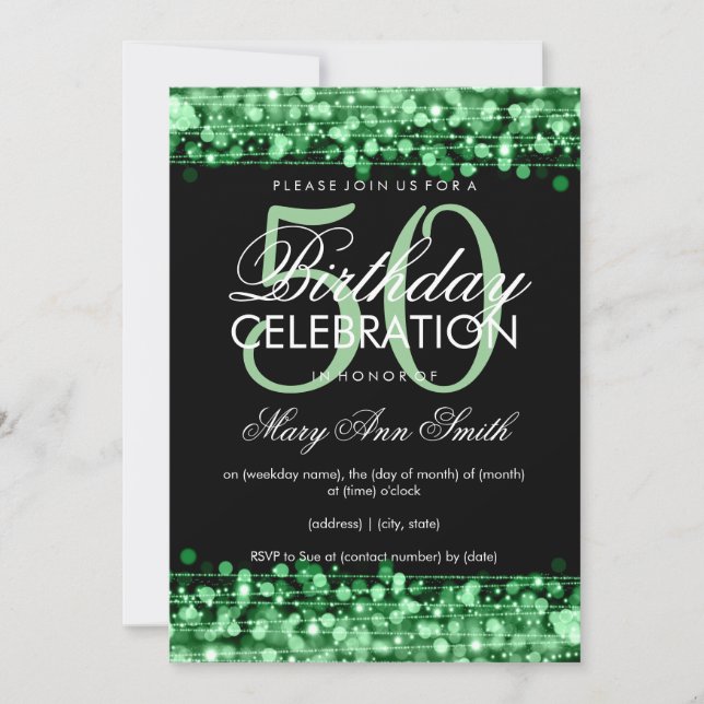 Elegant 50th Birthday Party Sparkles Green Invitation (Front)