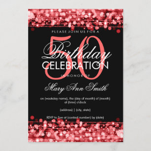 Elegant 50th Birthday Party Sparkles Red Invitation