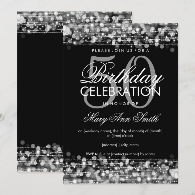 Elegant 50th Birthday Party Sparkles Silver Invitation (Front/Back)