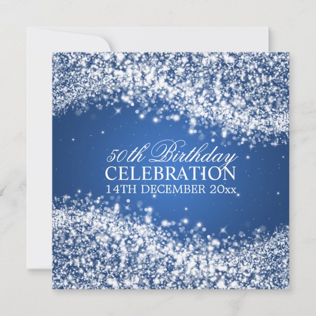 Elegant 50th Birthday Party Sparkling Wave Blue Invitation (Front)