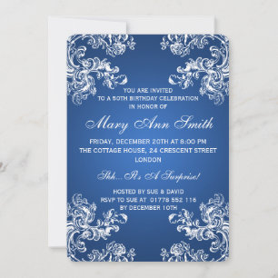 Elegant 50th Birthday Party Vintage Swirls 2 Blue Invitation