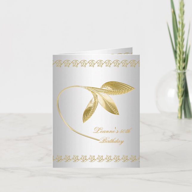 Elegant 50th Birthday Party White Gold Floral Invitation (Front)