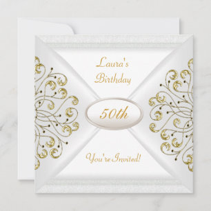 Elegant 50th Birthday Party White Gold Invitation