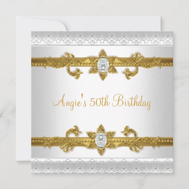 Elegant 50th Birthday Party White Gold Jewel Invitation (Front)