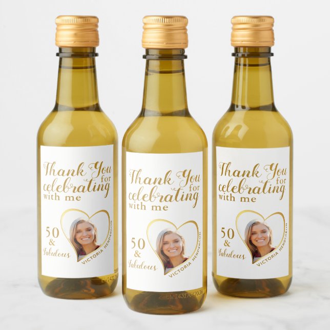 Elegant 50th Birthday Photo White Gold Thank You Wine Label (Bottles)