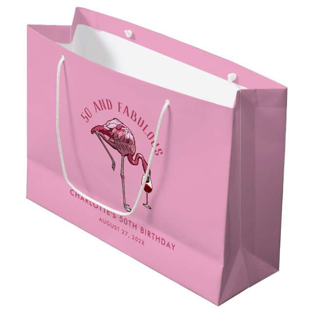 Elegant 50th Birthday Pink Flamingo Novelty Large Gift Bag (Front Angled)