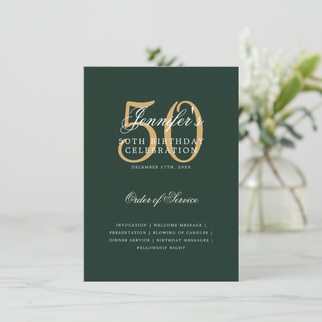 Elegant 50th Birthday Program Gold Green Menu Invitation (Standing Front)