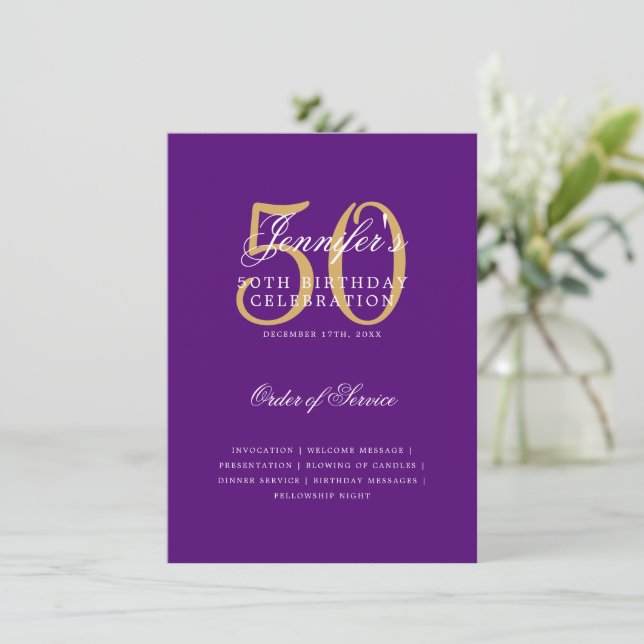 Elegant 50th Birthday Program Gold Purple Menu Invitation (Standing Front)