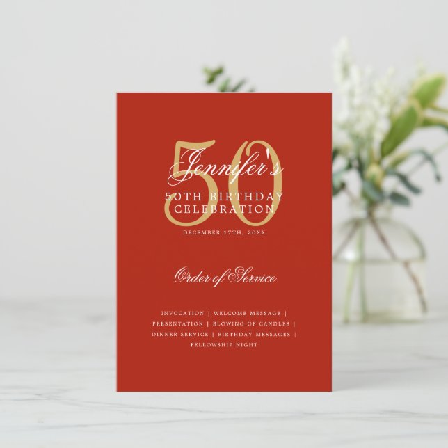Elegant 50th Birthday Program Gold Red Menu Invitation (Standing Front)