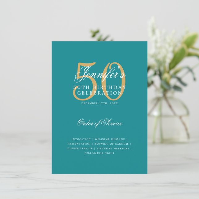 Elegant 50th Birthday Program Gold Teal Menu Invitation (Standing Front)