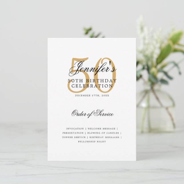 Elegant 50th Birthday Program Gold w/ Menu Invitation (Standing Front)