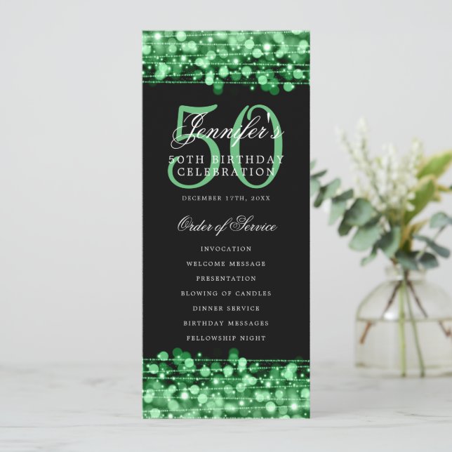 Elegant 50th Birthday Program Green Thank You Invitation (Standing Front)