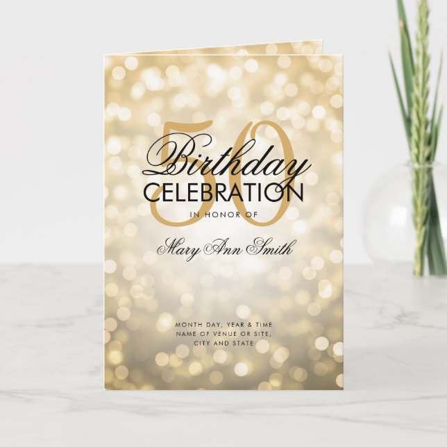 Elegant 50th Birthday Program Lights Gold w/ Menu (Front)