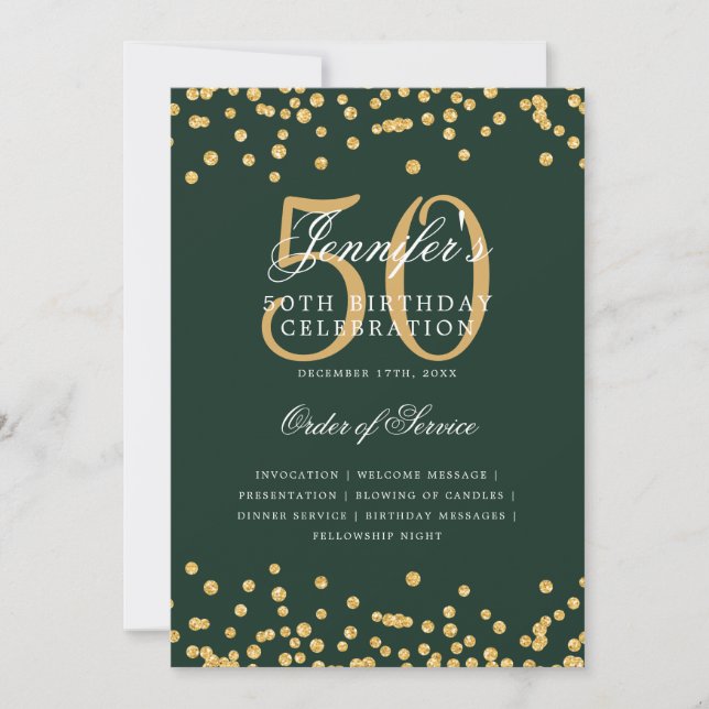 Elegant 50th Birthday Program Menu Gold Green Invitation (Front)