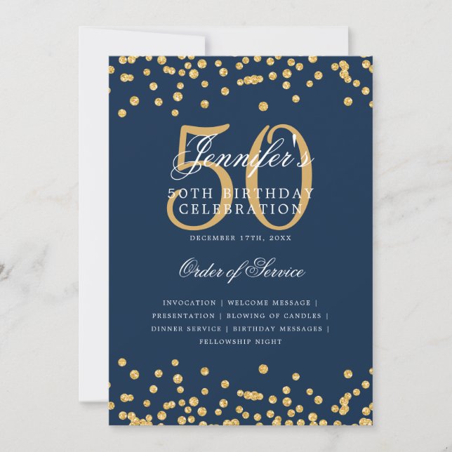Elegant 50th Birthday Program Menu Gold Navy Blue Invitation (Front)