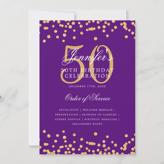 Elegant 50th Birthday Program Menu Gold Purple  Invitation (Front)