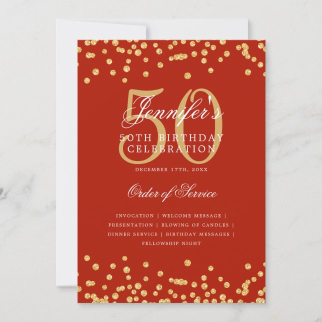 Elegant 50th Birthday Program Menu Gold Red  Invitation (Front)