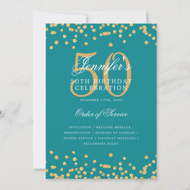 Elegant 50th Birthday Program Menu Gold Teal  Invitation (Front)