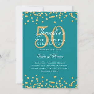 Elegant 50th Birthday Program Menu Gold Teal  Invitation