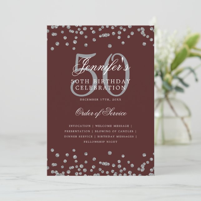 Elegant 50th Birthday Program Menu Silver Burgundy Invitation (Standing Front)