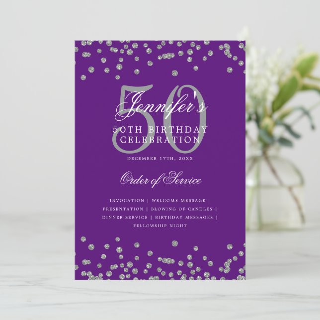 Elegant 50th Birthday Program Menu Silver Purple  Invitation (Standing Front)