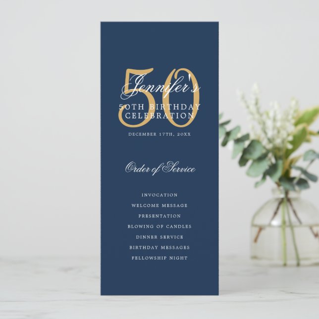 Elegant 50th Birthday Program Navy Blue Gold  Invitation (Standing Front)