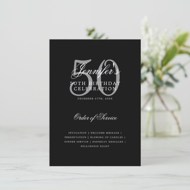 Elegant 50th Birthday Program Silver Black w/ Menu Invitation (Standing Front)