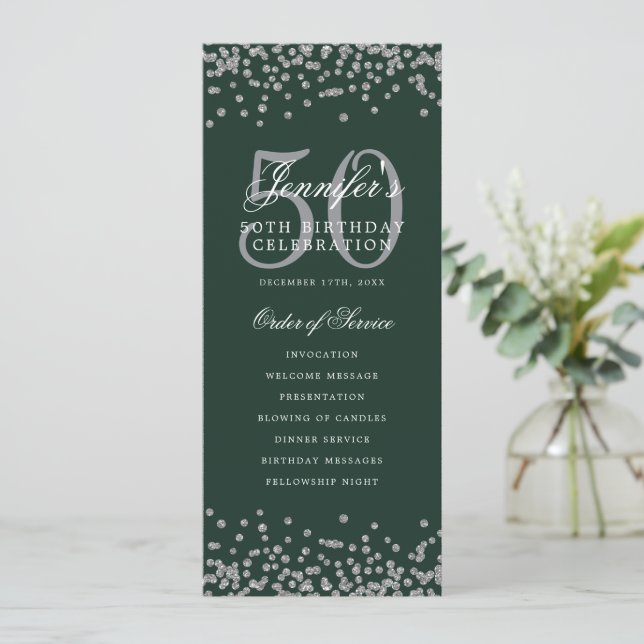 Elegant 50th Birthday Program Thank U Silver Green Invitation (Standing Front)