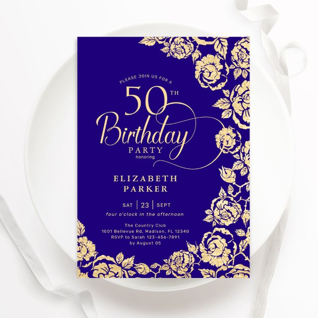 Elegant 50th Birthday Purple Gold Roses Invitation (Creator Uploaded)