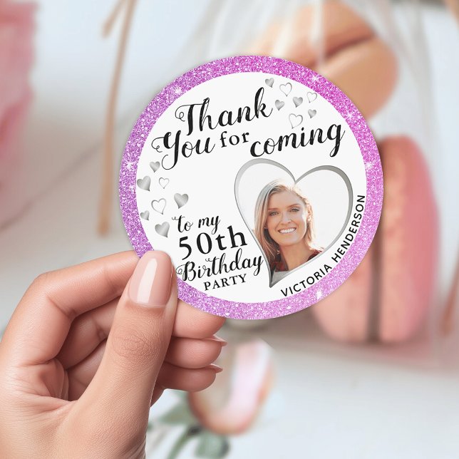 Elegant 50th Birthday Purple Pink Favour Thank You Classic Round Sticker (Personalized 50th Birthday Purple and Pink Favor Thank You Sticker)