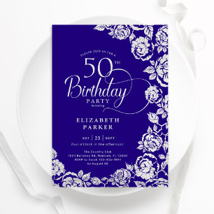 Elegant 50th Birthday Purple Silver Roses Invitation