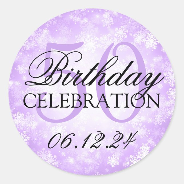 Elegant 50th Birthday Purple Winter Wonderland Classic Round Sticker (Front)