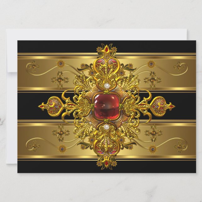 Elegant 50th Birthday Rich Gold Black Red Jewel Invitation (Front)