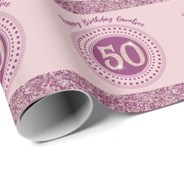 Elegant 50th Birthday Rose Gold Glitter & Stripes Wrapping Paper (Roll Corner)