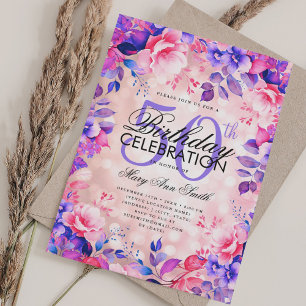 Elegant 50th Birthday Rose Gold Purple Floral Invitation