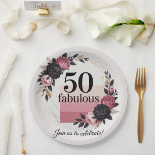 Elegant 50th Birthday Rose Wreath Paper Plate