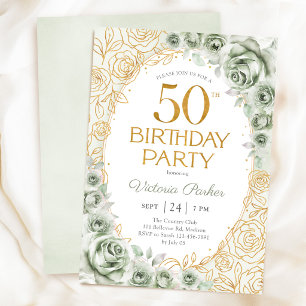 Elegant 50th Birthday Sage Green Gold Floral Invitation