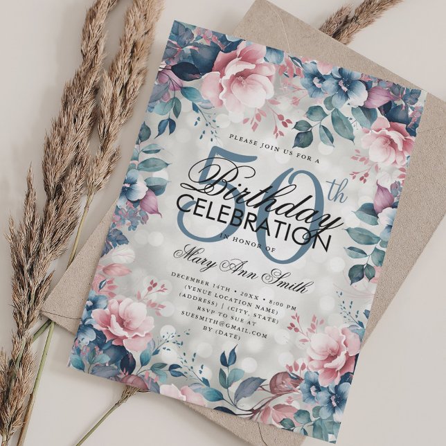 Elegant 50th Birthday Silver Blue Floral Lights Invitation (Elegant 50th Birthday Silver Blue Floral Lights Invitation)