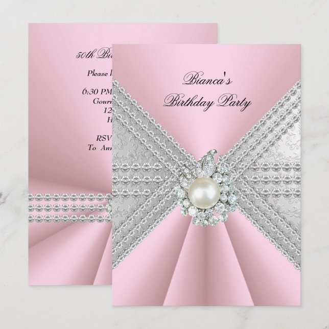 Elegant 50th Birthday Silver Pink Diamond Pearl Invitation (Front/Back)