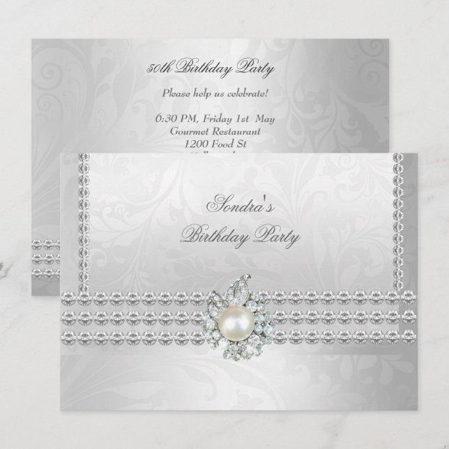 Elegant 50th Birthday Silver White Diamond Pearl Invitation (Front/Back)