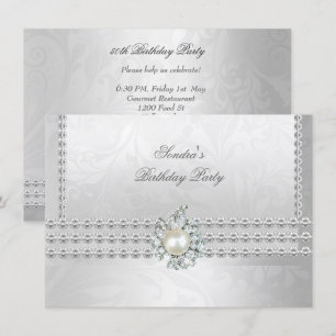 Elegant 50th Birthday Silver White Diamond Pearl Invitation