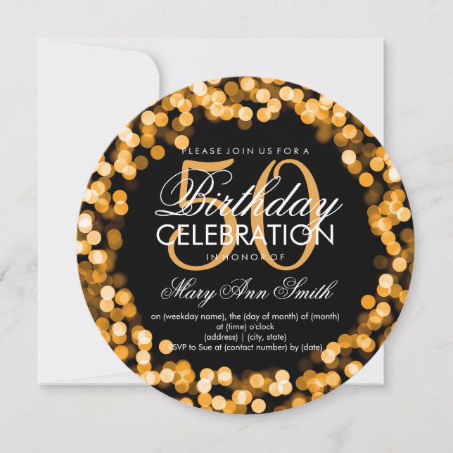 Elegant 50th Birthday Sparkling Lights Gold Invitation (Front)