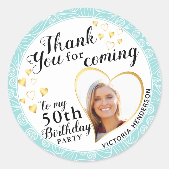 Elegant 50th Birthday Teal Blue Thank You Classic Round Sticker (Front)